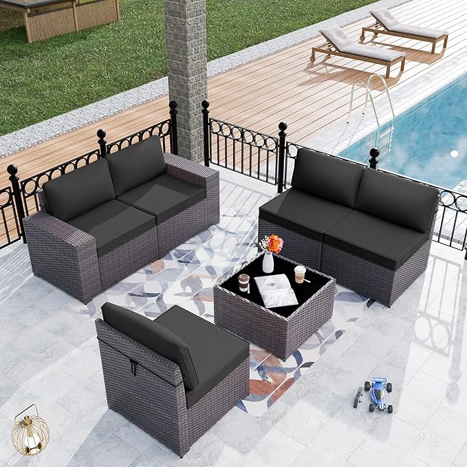 Patio Furniture Set Sofa 6-Pieces Wicker Sectional Sofa Set, Outdoor Furniture Rattan Patio Conversation Set with Thickened Cushion and Glass Coffee Table, Black - LeafyLoom