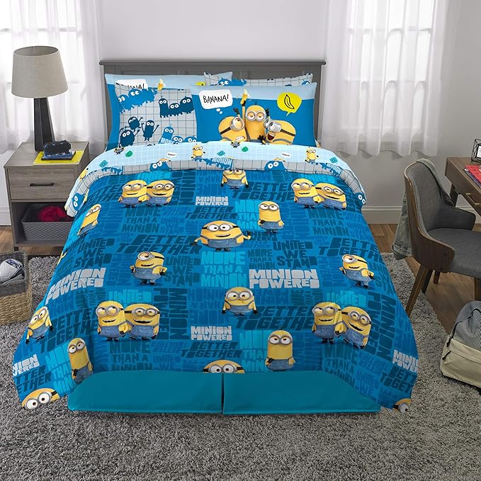 Franco Kids Bedding Super Soft Comforter and Sheet Set with Sham, 7 Piece Full Size, Minions The Rise Of Gru - LeafyLoom