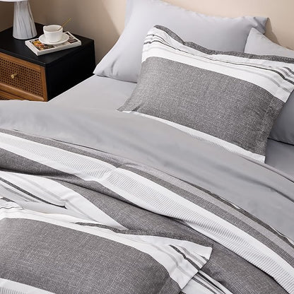 Bedsure Twin Comforter Set - 5 Pieces Grey White Striped Bedding Sets Twin Bed in A Bag with Comforters Twin Size, Sheets, Pillowcase & Sham, Bed Sets - LeafyLoom