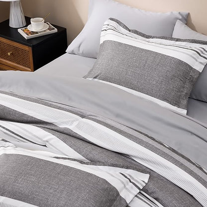 Bedsure King Size Comforter Set - 7 Pieces Grey White Striped Bedding Sets King Bed in A Bag with Comforters King Size, Sheets, Pillowcases & Shams, Bed Sets - LeafyLoom