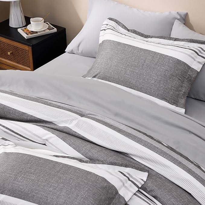 Bedsure Queen Comforter Set - 7 Pieces Grey White Striped Bedding Sets Queen Bed in a Bag with Comforters Queen Size, Sheets, Pillowcases & Shams, Bed Sets - LeafyLoom