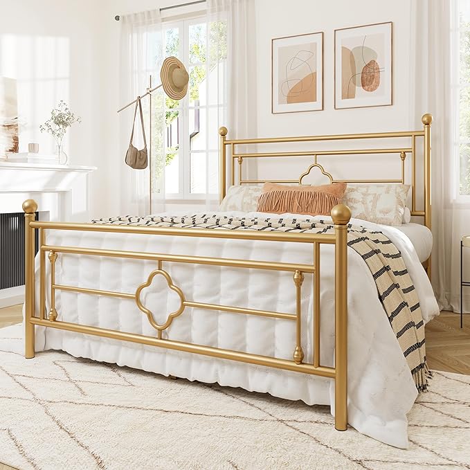 Allewie Full Size Metal Platform Bed Frame with Victorian Vintage Headboard and Footboard/Mattress Foundation/Under Bed Storage/No Box Spring Needed/Noise-Free/Easy Assembly, Gold - LeafyLoom