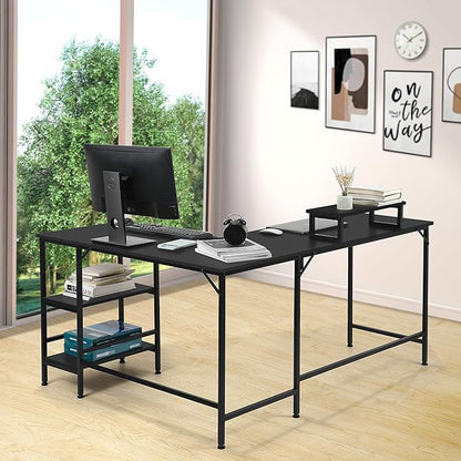 L-Shaped Desk,Corner Computer Desk with Storage Shelves,Large Gaming Desk PC Laptop Writing Workstation with Monitor Stand for Home Office Black - LeafyLoom