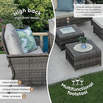 Yechen Patio Conversation Set 9 Seats with 44" Propane Gas Fire Pit Table - 8 Pcs Outdoor Wicker Furniture Set with Lid & Wind Shields - Sectional Sofa Set for Porch,Backyard - LeafyLoom