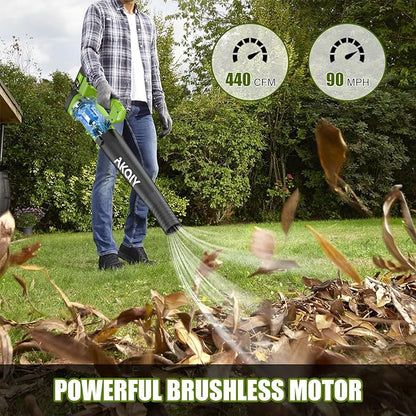 Cordless Leaf Blower - 90 MPH/440 CFM, Brushless Motor, Electric Leaf Blower, 2 X 21V 4.0Ah Battery and Charger,Lightweight and Powerful Battery Operated for Lawn Care, Yard, Garage Cleaning - LeafyLoom