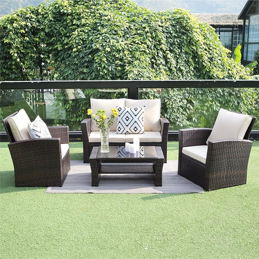 4 Piece Patio Furniture Sets, All-Weather Wicker Conversation Sets, Outdoor Rattan Sectional Sofa Chair with Cushions and Coffee Table for Balcony, Garden, Backyard, Brown - LeafyLoom