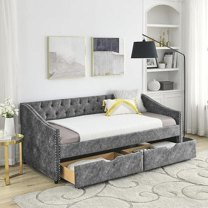 Twin Size Upholstered Daybed with Two Storage Trundle Drawers, Wooden Sofa Bed w/Button Tufted Backrest and Waved Shape Arms, No Box Spring Needed, for Living Room, Bedroom, Dorm, Grey - LeafyLoom