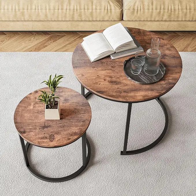 Round Coffee Table Set of 2 for Living Room,Black Small Coffee Table Living Room Table,Nesting Tables Metal Frame/Wood,Sturdy/Easy Assembly,Stacking Side Tables Bedroom,Rustic Brown - LeafyLoom