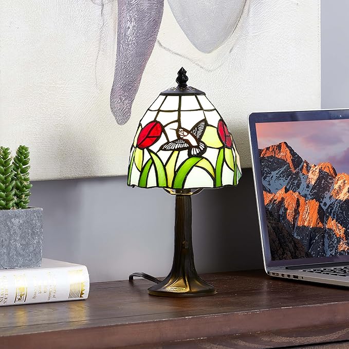 Tiffany Style mini table Lamp-Stained Glass Hummingbird with Tulip Design Table or Desk Light LED Bulb Included-Vintage Look Colorful Accent Decor - LeafyLoom