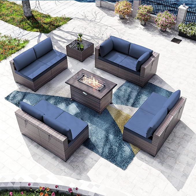 Kullavik 10 Pieces Outdoor Patio Furniture Set with 43" Gas Propane Fire Pit Table PE Wicker Rattan Sectional Sofa Patio Conversation Sets,Navy Blue - LeafyLoom