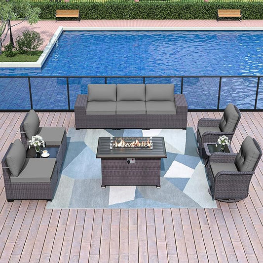 Patio Furniture Sectional Sofa Set 10-Pieces PE Rattan Swivel Rocking Chairs Outdoor Furniture Set w/43in Gas Fire Pit Table, Patio Conversation with 55000 BTU Propane Fire Pit, Grey - LeafyLoom