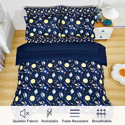 Mooreeke Bed in a Bag for Kids Boys Teens, 5 Pieces Twin Size Comforter Bed Set with Shams, Sheet Set, Space Planet Blue Black Super Soft Microfiber Kids Comforter Bedding Set - LeafyLoom