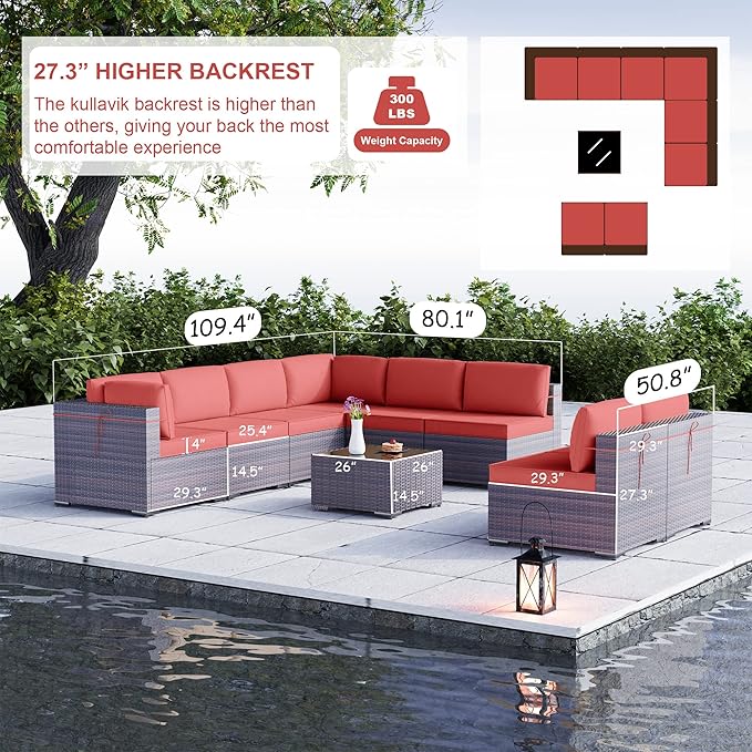 Kullavik 9PCS Outdoor Patio Furniture Set PE Wicker Rattan Sectional Sofa Patio Conversation Sets,Red - LeafyLoom