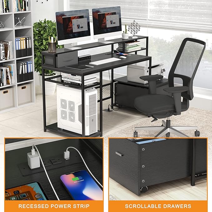 Home Office Desks with Drawers, 66‘’ Computer Desk with Storage, Office Desk with Monitor Stand, Work Desk with Outlets and USB, Gaming Table Desk with File Cabinet for Home Office Table, Black - LeafyLoom