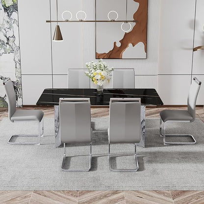 NicBex Modern Minimalist Dining Table Black Imitation Marble Glass Desktop is Equipped with Silver Metal Legs Suitable for Restaurants and Living Rooms, Black + Silver - LeafyLoom