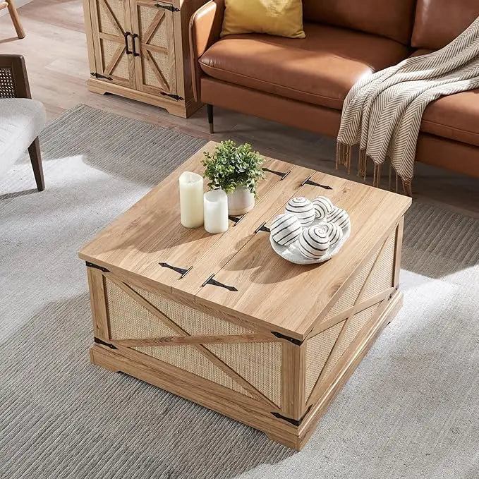 Farmhouse Square Coffee Table with Storage, Wood Center Table with Hinged Lift Top, Rustic Cocktail Table with Large Hidden Storage Compartment for Living Room, Bedroom,Natural,Rattan - LeafyLoom