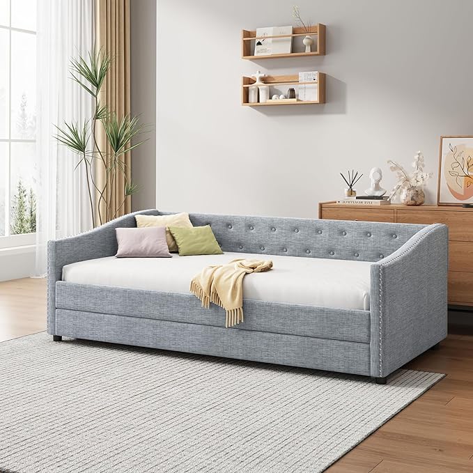 Twin Size Upholstered Daybed with Twin-Size Trundle,Elegant Wood Bed Frame w/Button Tufted Back and Waved Shape Arms & Nailhead,Slat Support,Sofa Bed for Apartment,Bedroom,Light Grey - LeafyLoom