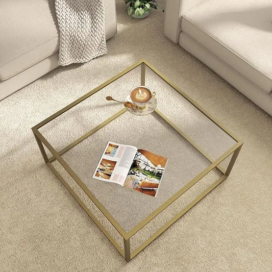 SAYGOER Gold Coffee Table Glass Modern Coffee Tables for Small Space Simple Square Center Table for Living Room Home Office 26.7 x 26.7 x 15.7, Easy Assembly - LeafyLoom