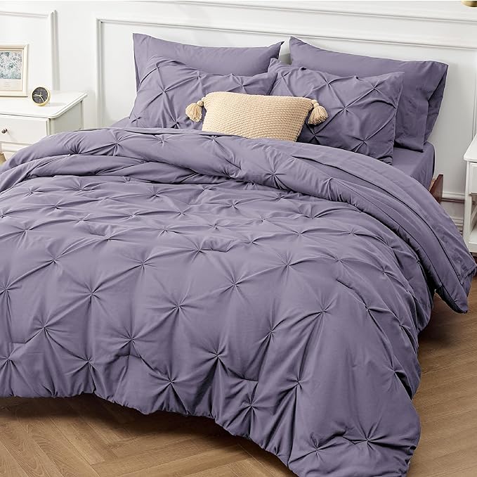 Bedsure Twin Comforter Set with Sheets - 5 Pieces Twin Bedding Sets, Pinch Pleat Grayish Purple Twin Bed in a Bag with Comforter, Sheets, Pillowcase & Sham - LeafyLoom