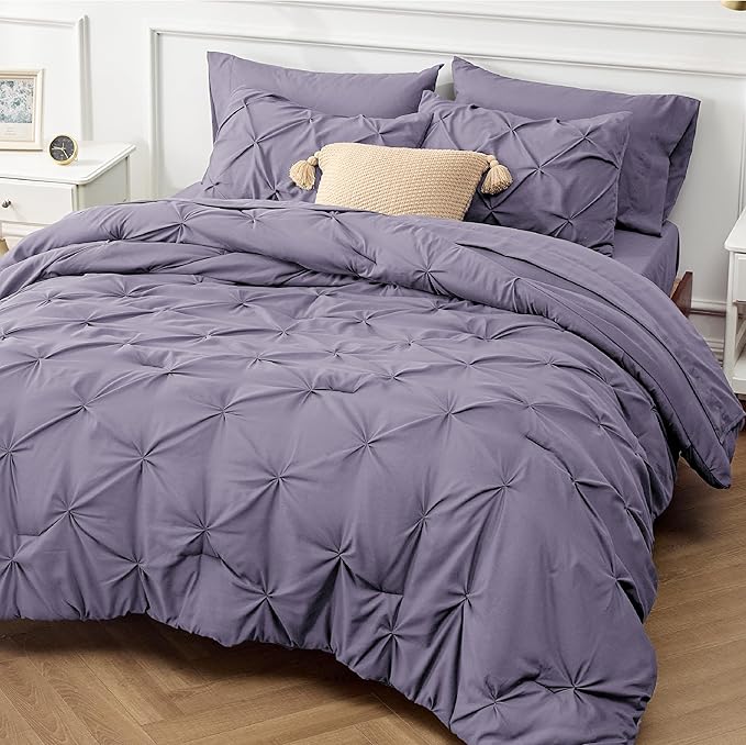 Bedsure Grayish Purple Comforter Set Queen - Bed in a Bag Queen 7 Pieces, Pintuck Beddding Sets Green Bed Set with Comforter, Sheets, Pillowcases & Shams - LeafyLoom