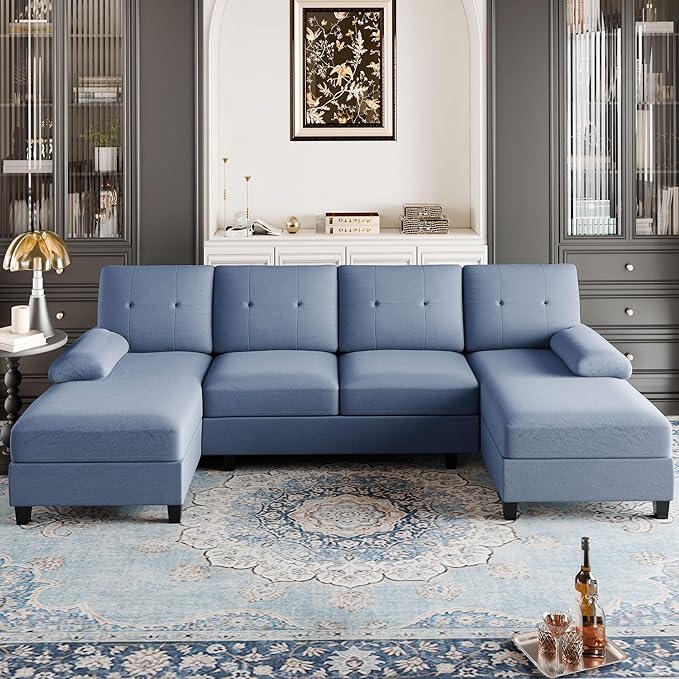 Shintenchi Sectional Couches for Living Room, U Shaped Sofa Couch with Double Chaise, 4-Seat Living Room Furniture Sets with Soft Cushion & Linen Fabric, Blue - LeafyLoom