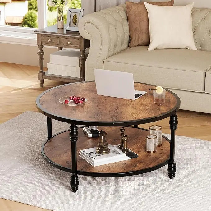 GAOMON Round Coffee Table Living Room 34.25in Rustic Circle Center Table with Storage Shelf 2-Tier Modern Wood Coffee Table, Easy Assembly(Brown) - LeafyLoom