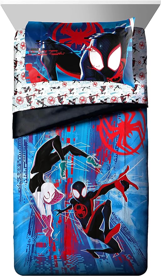 Marvel Spiderman Across The Spider-Verse Glitch 5 Piece Twin Size Bed Set - includes Comforter & Sheet Set Bedding - Super Soft Fade Resistant Microfiber (Official Product) - LeafyLoom