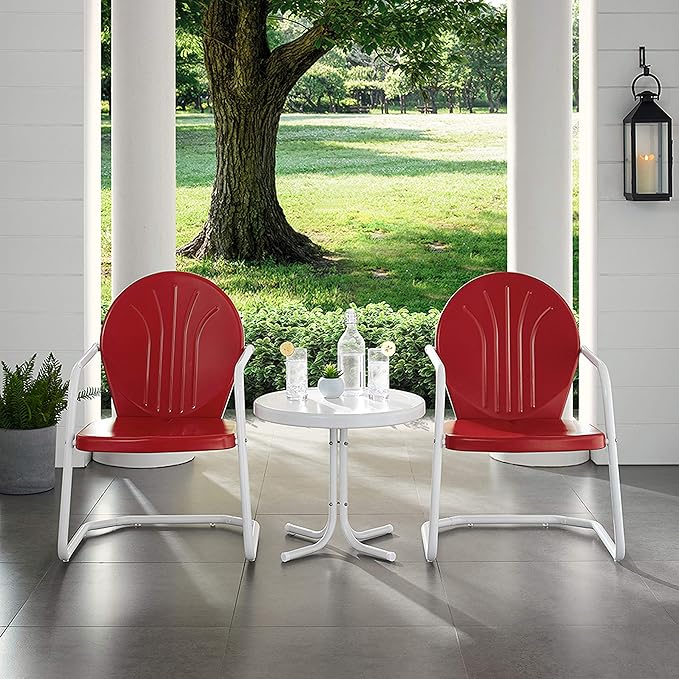 Crosley Furniture KO10004RE Griffith 3-Piece Retro Metal Outdoor Seating Set with Table and 2 Chairs, Red - LeafyLoom