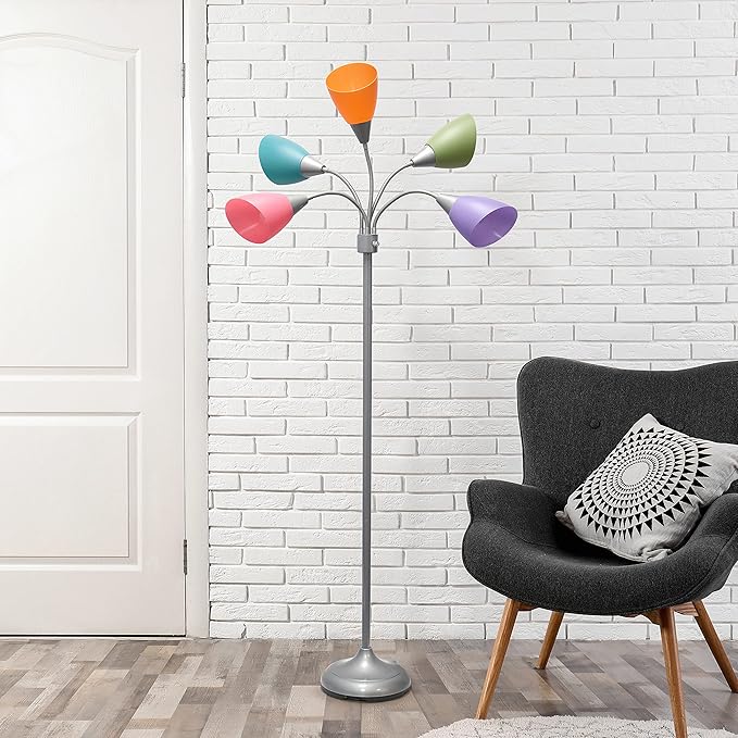 Simple Designs LF2006-SLM 67" Contemporary Multi Head Medusa 5 Light Adjustable Gooseneck Silver Floor Lamp with Fun Light Multicolored Shades for Kids Bedroom Playroom Living Room Office - LeafyLoom