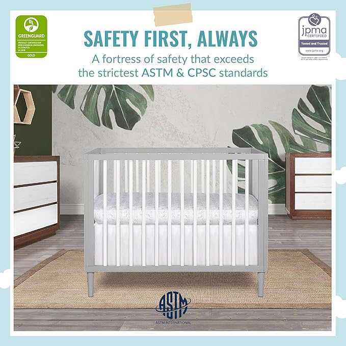 Lucas Mini Modern Crib with Rounded Spindles & Sunset 3” Extra Firm Fiber Crib Mattress, Greenguard Gold Certified, Waterproof Vinyl Cover, Baby Mattresses for Cribs - LeafyLoom