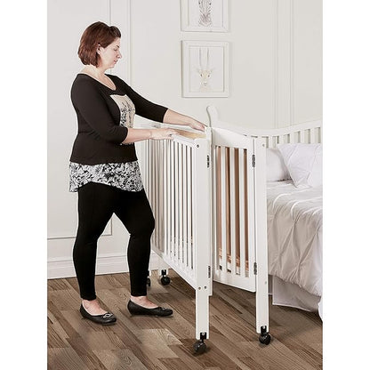 3 in 1 Portable Folding Stationary Side Crib in White, Greenguard Gold Certified, Safety Wheel with Locking Casters, Convertible, 3 Mattress Heights - LeafyLoom