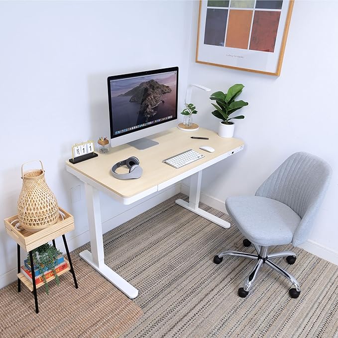 Mount-It! 47.2" Wide x 28.3" Deep Electric Height Adjustable Desk, Ergonomic Standing Workspace, Height Adjustment up to 46.5" Tall, Large Desktop, USB Ports, Drawer, Home Office, White, Maple Top - LeafyLoom