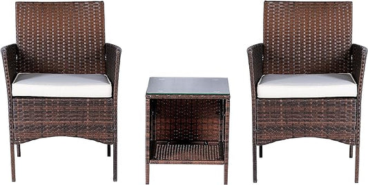 BTEXPERT Outdoor Wicker Conversation 3 Piece Bistro Garden Patio Yard Porch Furniture Space Saving Pe Rattan Two Chairs Cushions Side Storage Glass Table Brown/Beige 3pc Set, OneSize - LeafyLoom