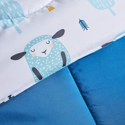 SLEEP ZONE Kids Bedding Comforter Set Full/Queen Size - Super Cute & Soft Kids Bedding 7 Pieces Set with Comforter, Sheet, Pillowcase & Sham (Blue Sheep) - LeafyLoom