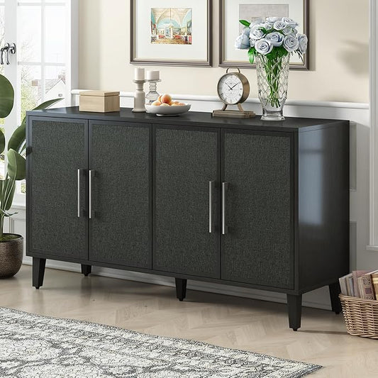 Merax Sideboard Buffet Cabinet with Storage, 4 Linen Door Cupboard w/Adjustable Shelves, Wood Console Table for Entrance, Study or Living Room, Black - LeafyLoom