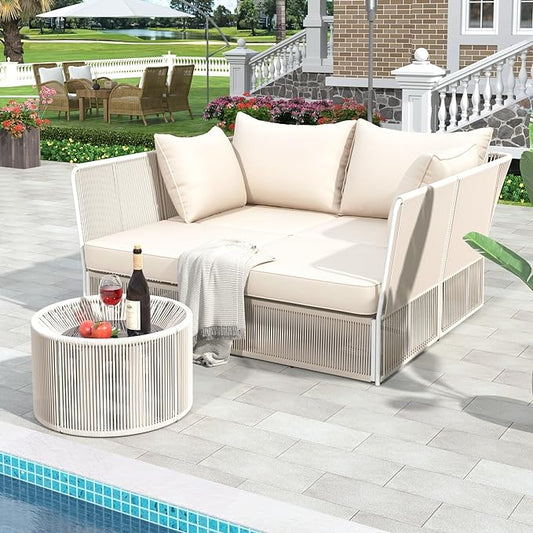 2-Piece Sunbed and Coffee Table, Patio Double Chaise Lounger Loveseat Daybed Outdoor Furniture Set for Backyard Poolside Lawn Balcony, Full, Ac-Beige - LeafyLoom