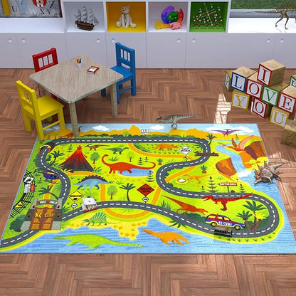 KC Cubs Playtime Collection Dinosaur Dino Safari Road Map Educational Learning & Game Area Rug Carpet for Kids and Children Bedrooms and Playroom (8'2" x 9'10") - LeafyLoom