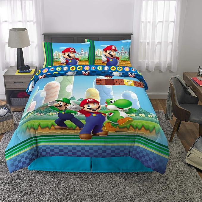 Franco Kids Bedding Super Soft Comforter and Sheet Set, (5 Piece) Full Size, Mario - LeafyLoom