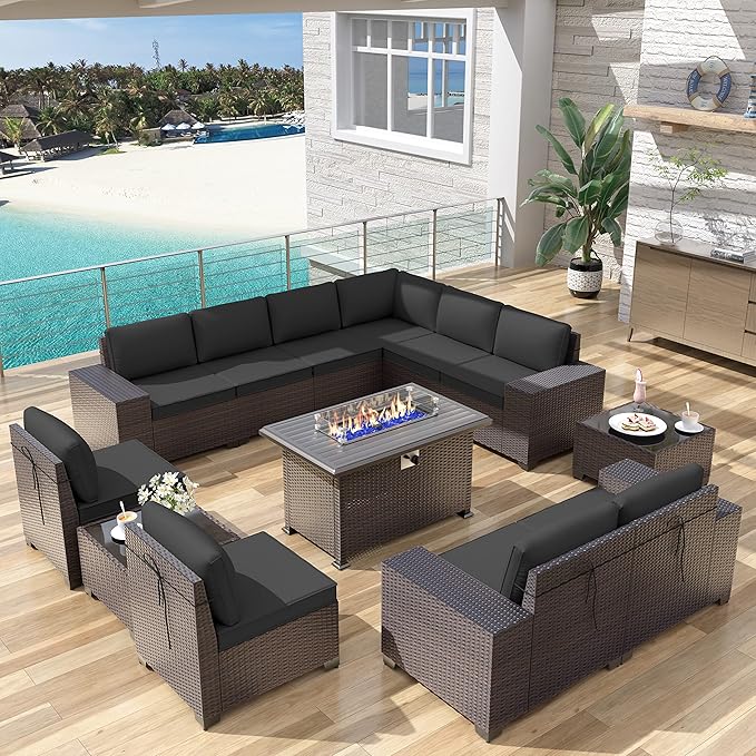 Patio Furniture Sectional Sofa Set 13PCS PE Rattan Patio Conversation Set w/43in Gas Fire Pit Table, Outdoor Furniture with 55000 BTU Propane Fire Pit, Black - LeafyLoom