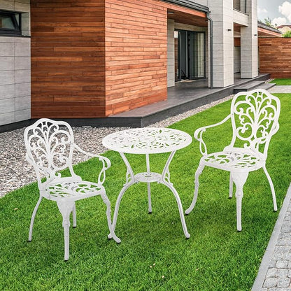 Patio Bistro Sets 3 Piece,Cast Aluminum Bistro Table and Chairs Set of 2 with 1.97" Umbrella Hole,All Weather Bistro Table Set Outdoor Patio Furniture for Garden,Yard(Butterfly White) - LeafyLoom