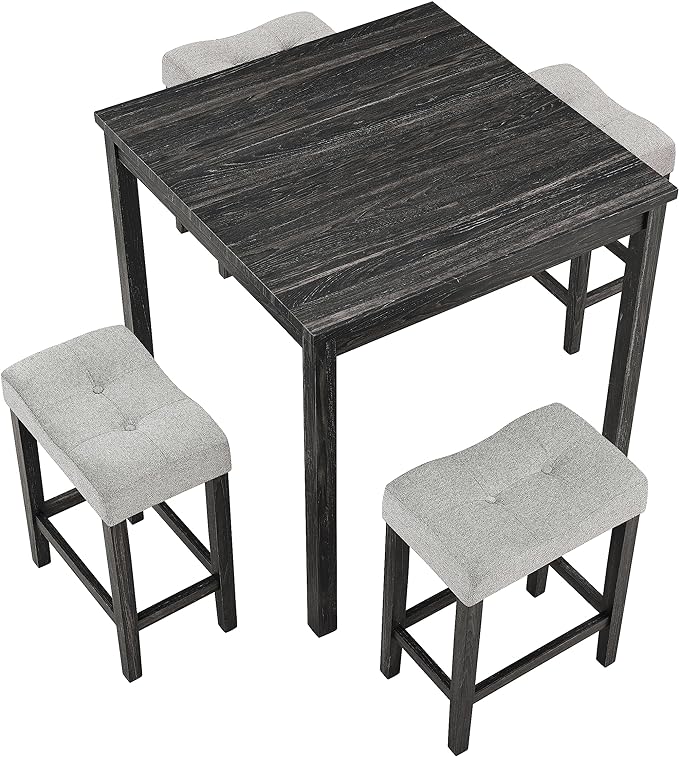 5 Piece Square, Bar Chairs Set, Bistro Industrial Breakfast Table + 4 Upholstered Stools, for Living, Small Apartment, Dining, Game Room, Black+Gray - LeafyLoom