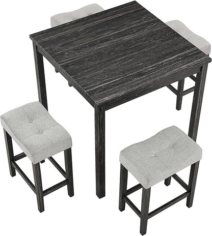 5 Piece Square, Bar Chairs Set, Bistro Industrial Breakfast Table + 4 Upholstered Stools, for Living, Small Apartment, Dining, Game Room, Black+Gray - LeafyLoom