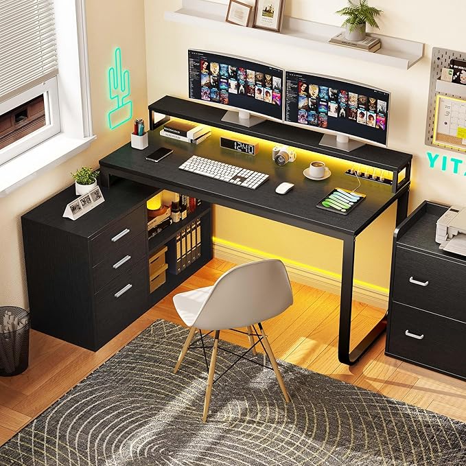 YITAHOME L Shaped Desk with Power Outlets & LED Lights & File Cabinet, 55" Corner Computer Desk with 3 Drawers and 2 Storage Shelves, Home Office Desk with Monitor Stand, Black - LeafyLoom