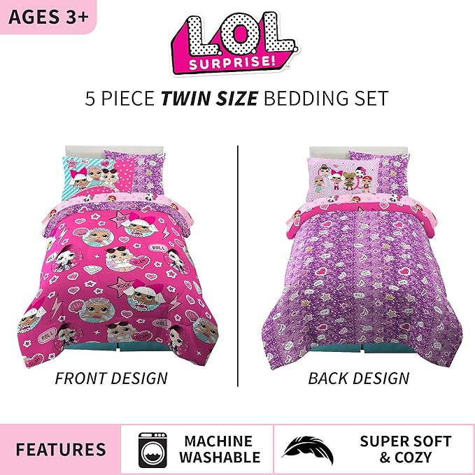 Franco Kids Bedding Super Soft Comforter and Sheet Set with Sham, 5 Piece Twin Size, LOL Surprise - LeafyLoom