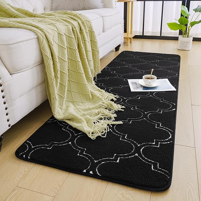 Chicrug Shag Geometric Modern Runner Rug for Bedroom, 2x6 Feet Memory Foam Indoor Hallway Runner Carpet, Fluffy Rug for Living Room Bedside Room Decor for Family, Black/White - LeafyLoom