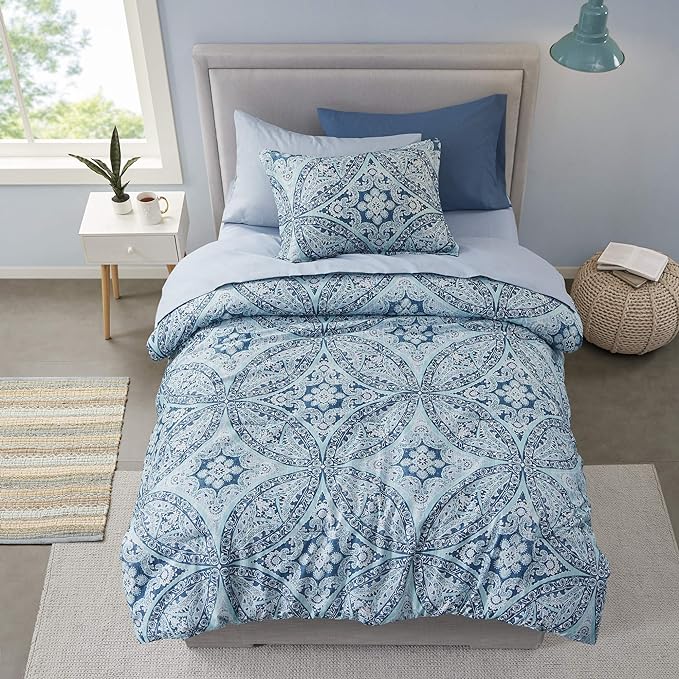 Comfort Spaces Bed in A Bag - Trendy Casual Design Cozy Comforter with Complete Sheet Set with Side Pocket, All Season Cover, Matching Shams, Twin(66"x90"), Gloria, Damask Blue 6 Piece - LeafyLoom