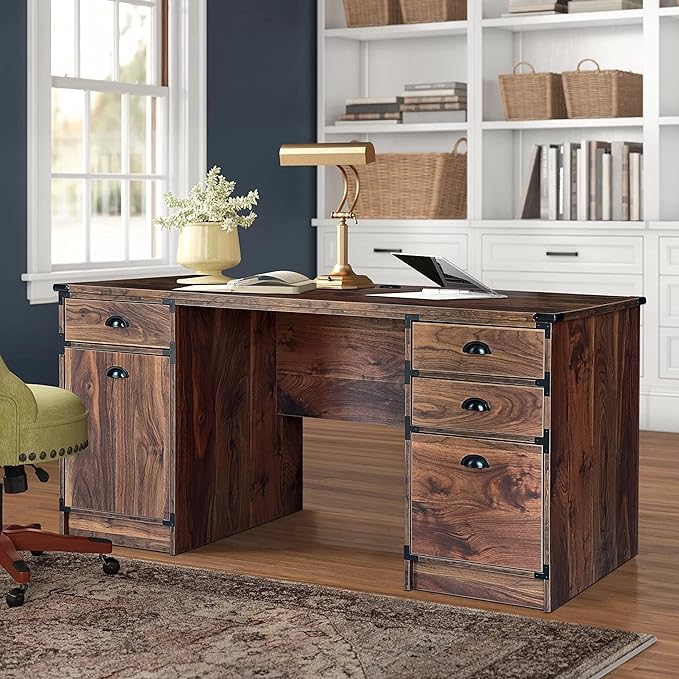 Modern Executive Desk, 59" Vintage Farmhouse Study Writing Desk with Storage Drawers, Industrial Wood Computer Manager's Desk with Knee Space for Home Office, Walnut - LeafyLoom