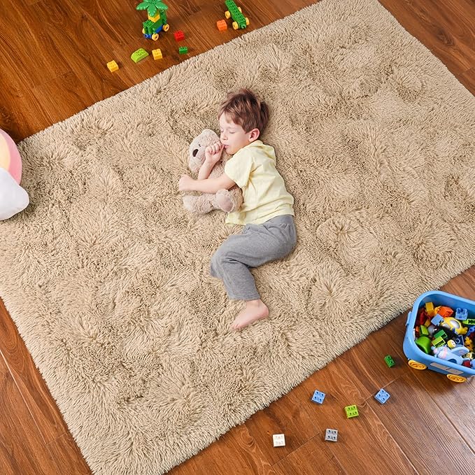 Softlife Rug for Bedroom 4x5.3 Feet Area Rug for Living Room Super Soft Shaggy Rugs for Kids Room Fluffy Fuzzy Carpets Long Plush Bedside Rug Nursery Christmas Home Decor for Boys Girls, Beige - LeafyLoom