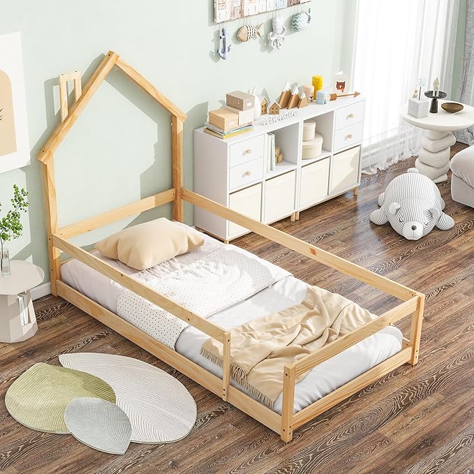 Bellemave Twin Size House-Shaped Headboard Floor Bed with Fence,Wooden Montessori Floor Bed for Kids,House Bed Twin Frame for Girls,Boys (Natural) - LeafyLoom