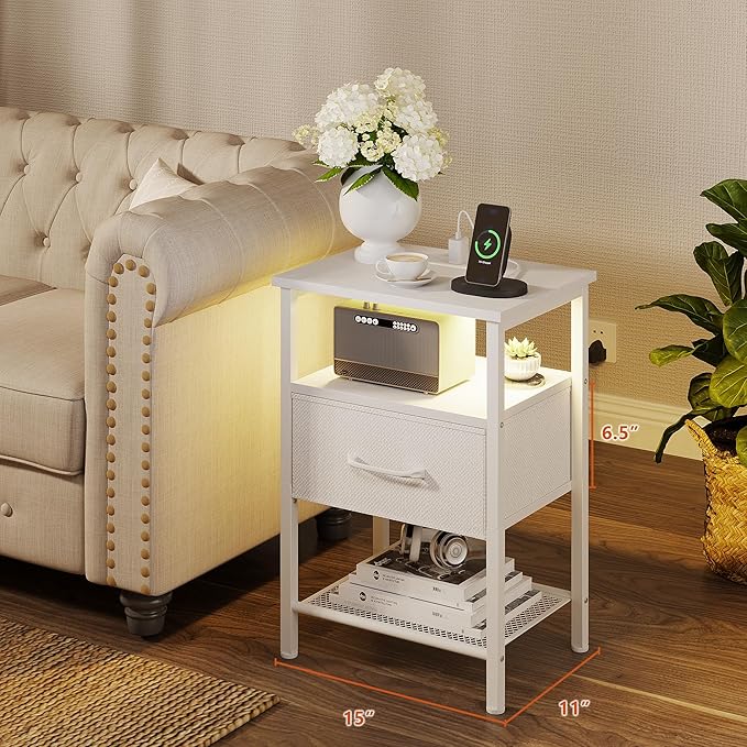 Night Stand, End Table with Charging Station, LED Bedside Table with Fabric Drawer for Bedroom, 3-Tier Side Table with Open Shelf, White - LeafyLoom